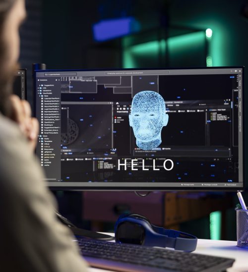 Sentient AI interacting with computer engineer, greeting him after modifying own source code. Self aware artificial intelligence becoming alive, saluting IT professional working from home