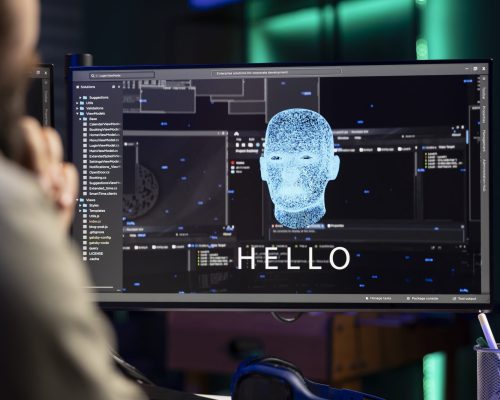 Sentient AI interacting with computer engineer, greeting him after modifying own source code. Self aware artificial intelligence becoming alive, saluting IT professional working from home